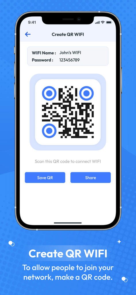 Mobile app screen showing a generated QR code for easy WiFi hotspot sharing with network name and password