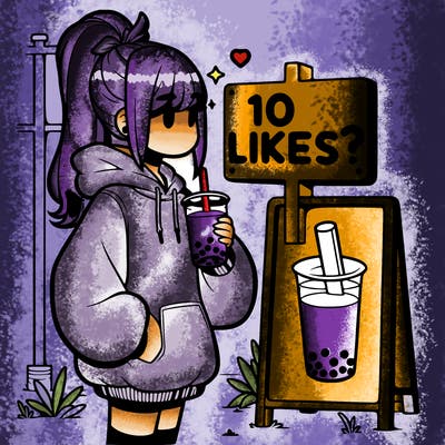 girl with oversized hoodie drinking boba and she has a high ponytail with a sign that says 10likes?