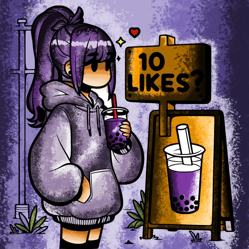 girl with oversized hoodie drinking boba and she has a high ponytail with a sign that says 10likes?