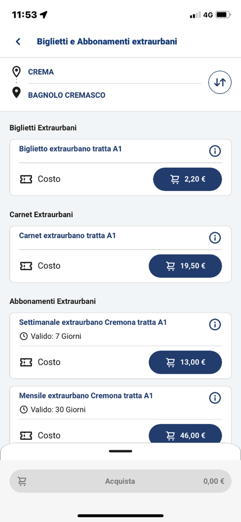 Autoguidovie - Mobile app screen for Autoguidovie showing various bus ticket and subscription prices for travel between Crema and Bagnolo Cremasco.