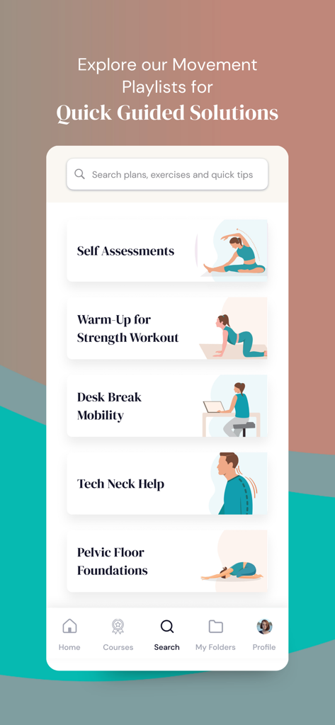 Jen app search screen showing movement playlists like desk break mobility and tech neck help