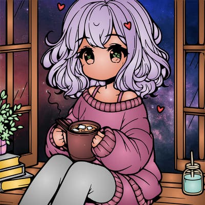 cute anime girl reading book and drinking hot chocolate from mug with loose wavy hair wearing a baggy sweatshirt and shorts sitting by windowsill looking out
