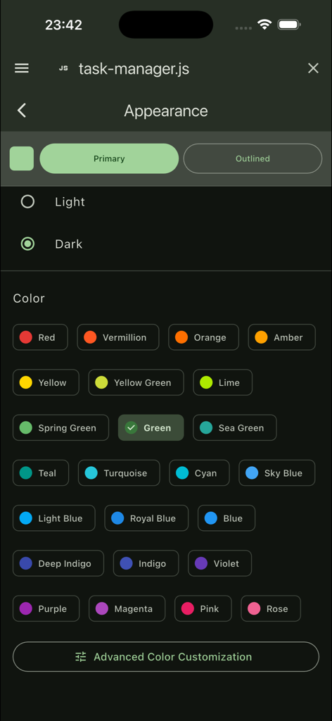 QuickEditor appearance settings screen showing theme and color selection options