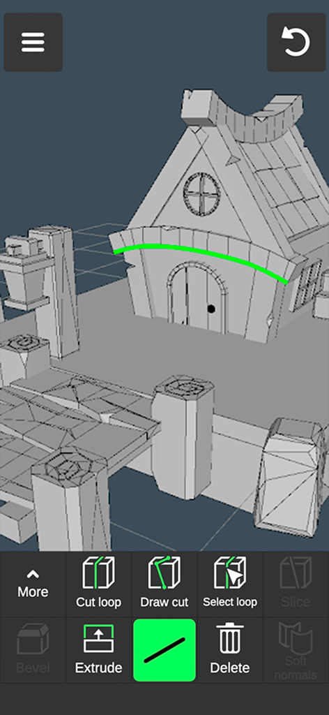 Mobile app interface showing a 3D house model with editing tools for design and creation
