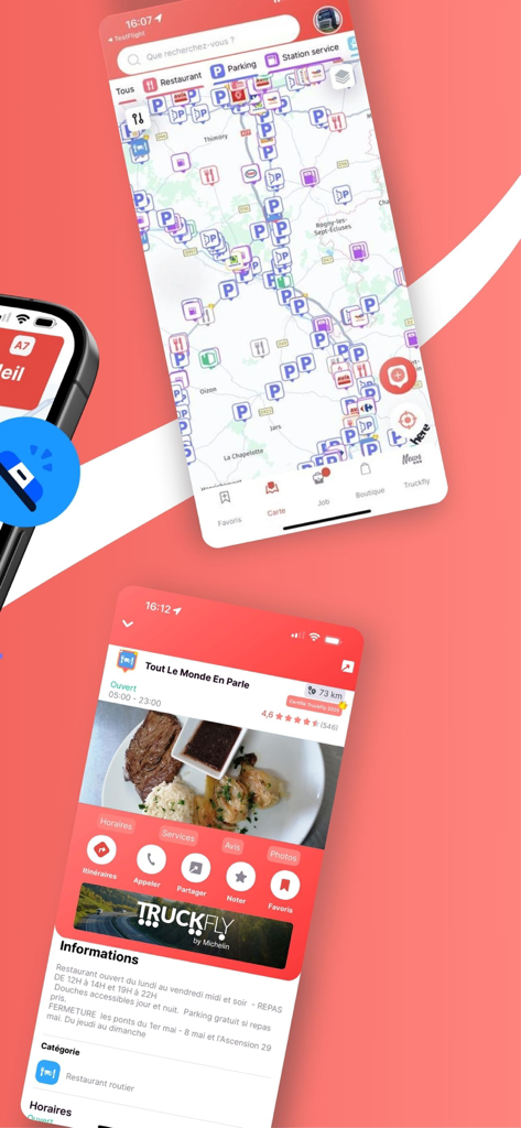 Truckfly - Truck GPS - Truckfly-App-Oberfläche zeigt LKW-Navigationskarte und Restaurant-Informationen an