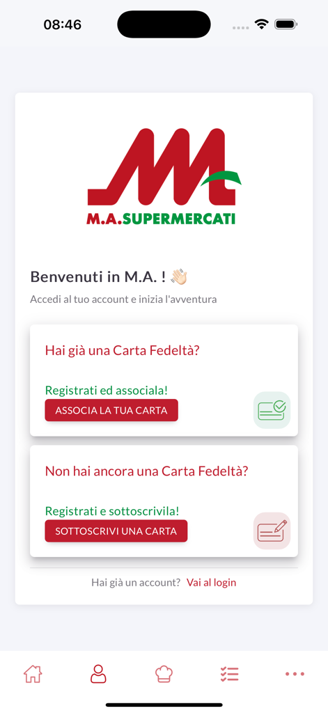 Schermata di benvenuto dell'app MA Supermercati che mostra opzioni di registrazione e accesso alla carta fedeltà
