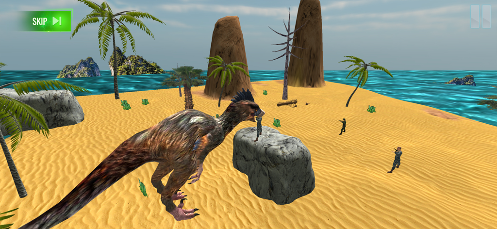 Dinosaur Hunting World Game - A large feathered dinosaur attacking soldiers on a tropical beach island