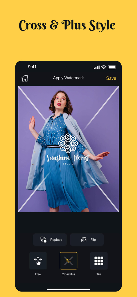 Add Watermark -Batch Process - App interface showing a cross style watermark pattern applied to a fashion photograph