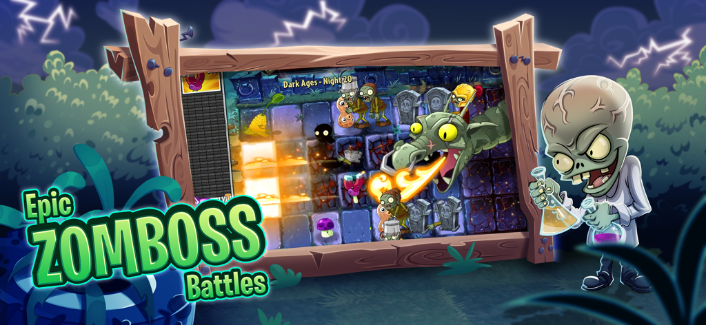 Uno screenshot di un'epica battaglia contro Zomboss nel mondo del Medioevo Oscuro di Plants vs Zombies 2 con un drago meccanico sputafuoco