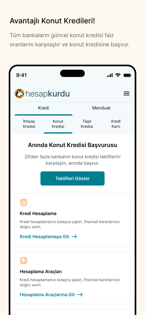 Hesapkurdu - Kıyasla, Yakala! - Hesapkurdu app interface showing Turkish housing loan comparison and mortgage calculation tools.