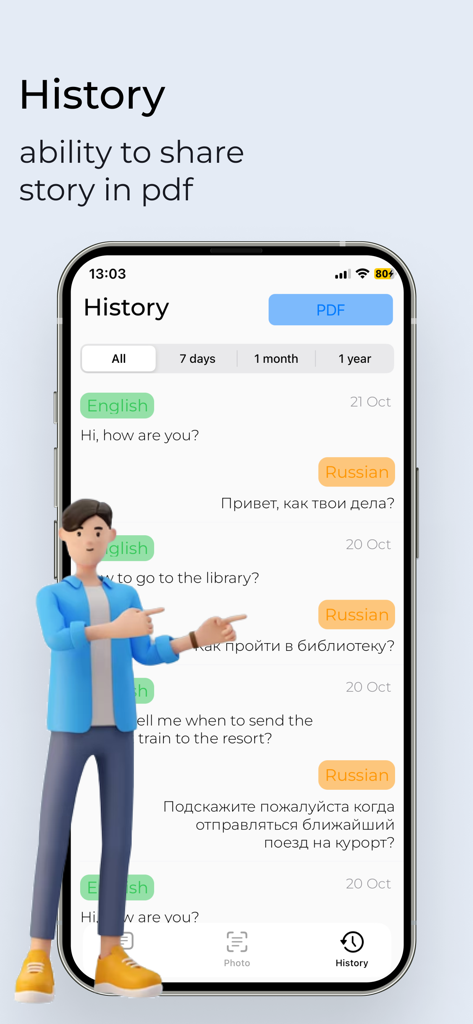 Translator Offline app interface showing translation history logs and a PDF export option.