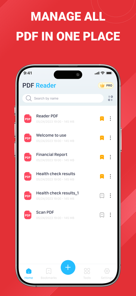 PDF Reader Pro app home screen showing a list of organized PDF documents on an iPhone interface