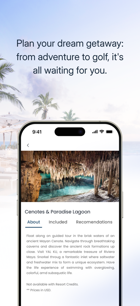 Palace Resorts app screen displaying details for a Cenotes and Paradise Lagoon excursion