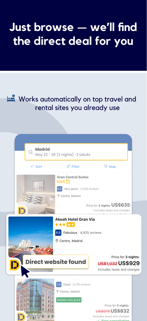 Directo extension - A screenshot of the Directo Safari extension showing a direct website found notification with a discounted hotel price for a booking in Madrid.