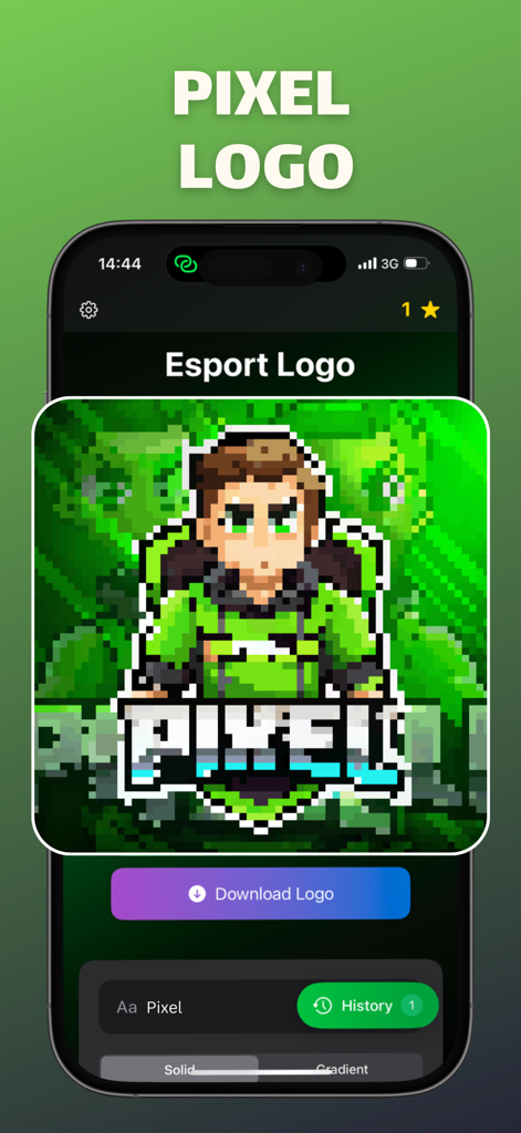 Esport: Gaming Logo Maker - Mobile screen showing a green pixel art gamer logo in the Esport Gaming Logo Maker app