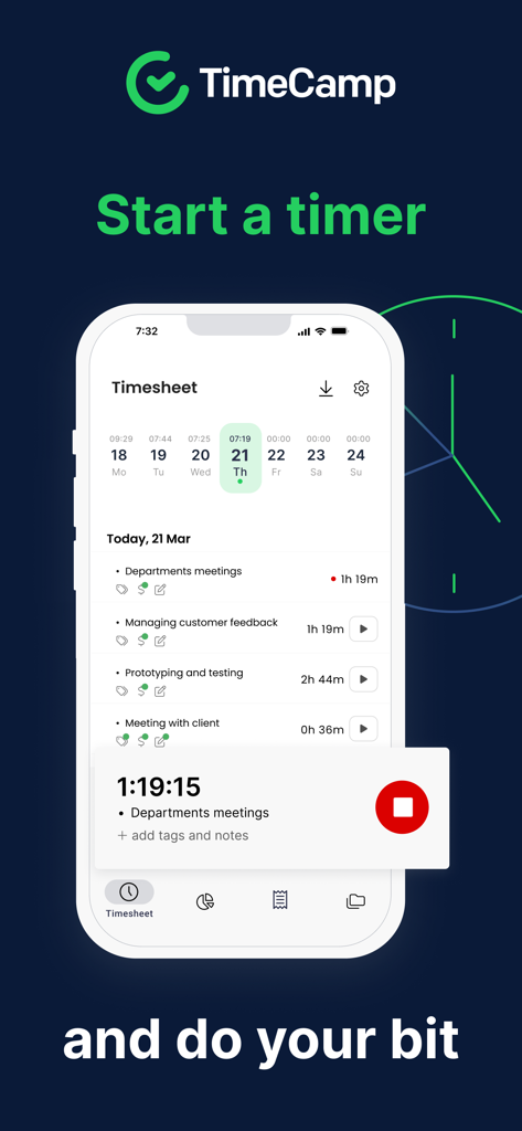 Interfaz de la aplicación móvil TimeCamp mostrando una hoja de tiempo digital y un temporizador de sesión de trabajo activo