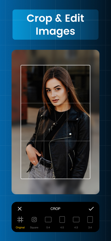 Resize : Photo & Video Edit.or - Mobile app interface showing photo cropping and editing tools with aspect ratio options.