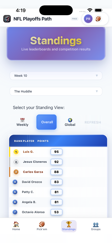 Playoff Path Football - Playoff Path Football app standings screen showing a leaderboard with player rankings and points
