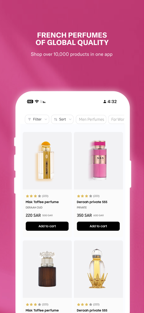 Deraah | درعــه - Mobile app interface of Deraah showing a catalog of luxury perfumes including Misk Toffee and Deraah private 555