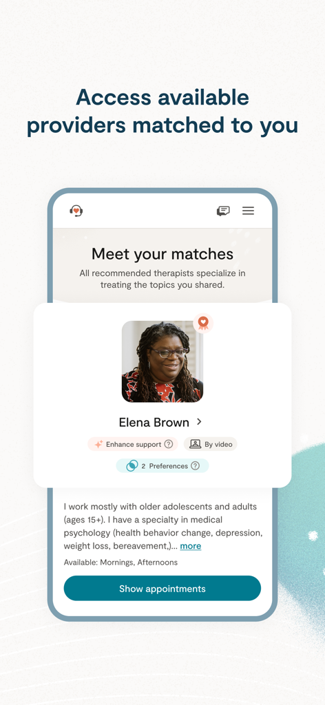 Captura de pantalla de la aplicación Lyra Health que muestra el perfil de un terapeuta recomendado y un botón para programar citas.
