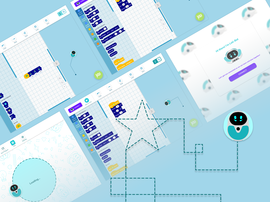 Loti-Bot - Collage of Loti-Bot app screens showing block-based programming and robot connection interfaces on iPad.