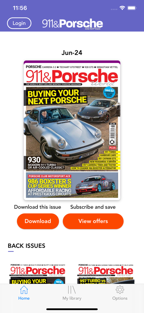 Interfaz de la aplicación 911 and Porsche World Magazine que muestra la portada del número de junio de 2024 sobre cómo comprar un Porsche