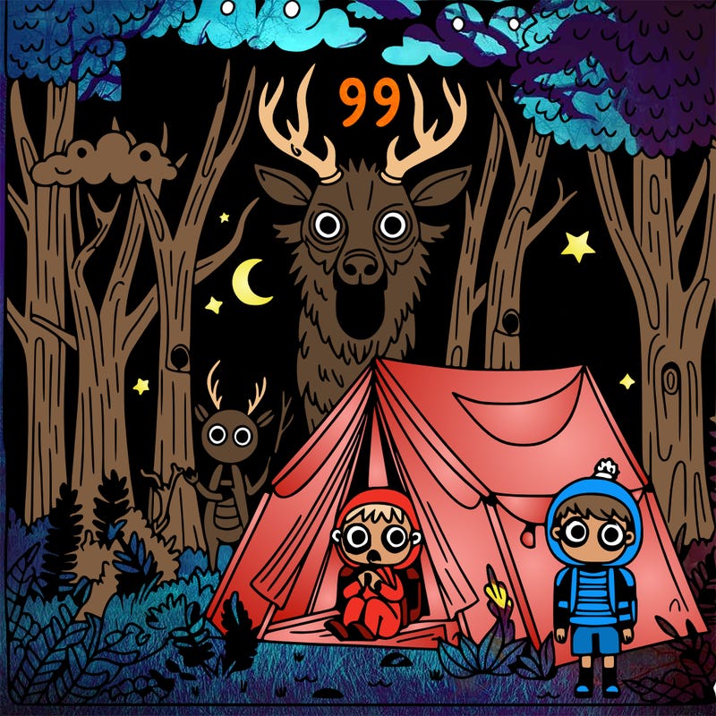 99 nights in the forest with scary deer with tent with kids