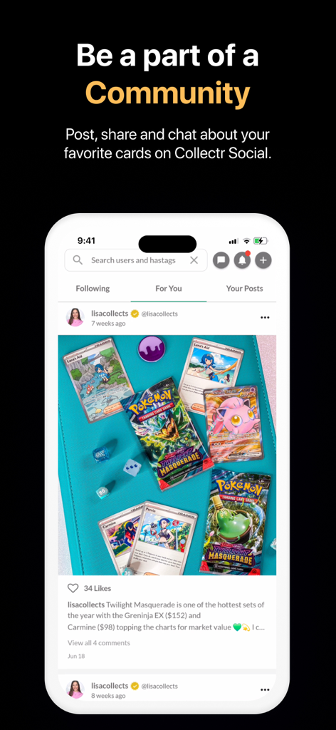 Collectr - TCG Collector App - Social feed in the Collectr app where collectors share and discuss trading cards