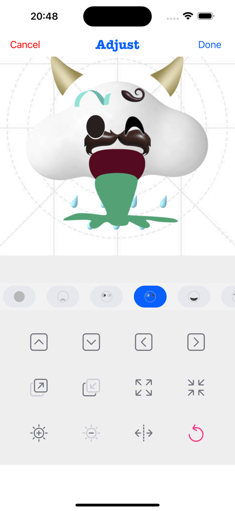 Interface of the StickerMaker Keyboard app showing a user adjusting a custom funny cloud emoji with horns and a mustache.