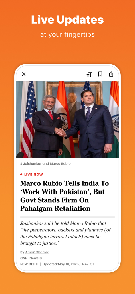News18 app interface displaying a live news article about a diplomatic meeting between Indian and US officials
