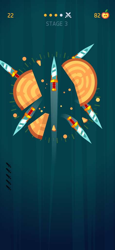 Knife Hit gameplay showing a wooden log breaking from knife impacts