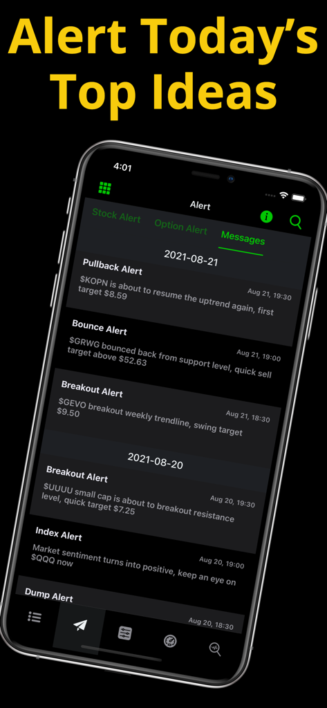 Stock Signals-Screener & Alert - Mobile app screen showing daily stock trading alerts and signals.