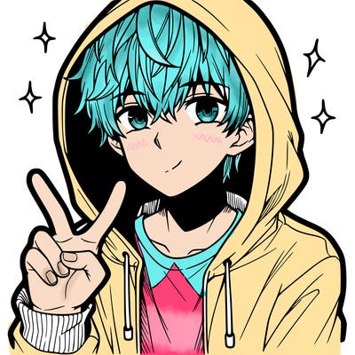 teenage manga boy in a hoodie, doing ✌