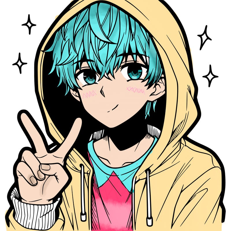 teenage manga boy in a hoodie, doing ✌