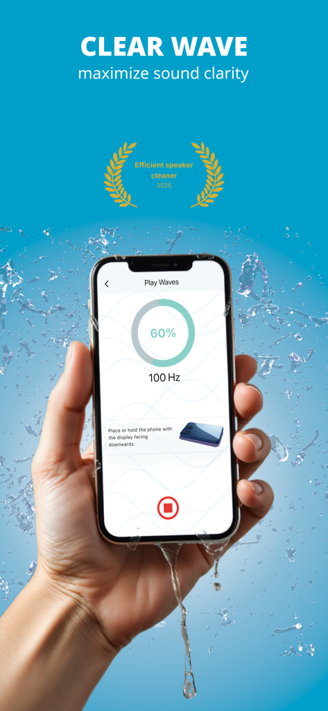 Water Eject - Snd Wave 432 Hz - A hand holding a wet iPhone running the Clear Wave app to eject water from speakers