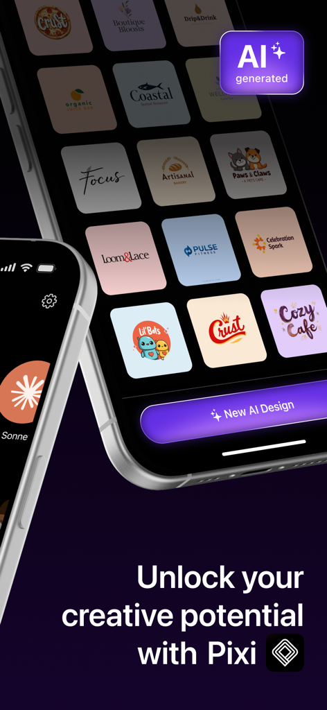 Pixi 앱 내에서 다양한 AI 생성 비즈니스 로고 그리드를 보여주는 스마트폰 화면