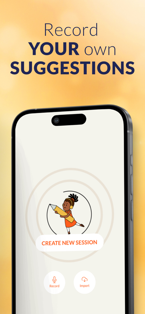 HypnoBox: Hypnosis & Sleep - HypnoBox app screen showing the option to record your own suggestions and create a new session.