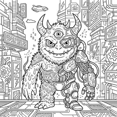 Dive into a dystopian future where furry beasts meet high-tech enhancements with this captivating coloring page. This intricate design offers a thrilling blend of monstrous fun and cybernetic wonder, perfect for imaginative teens.