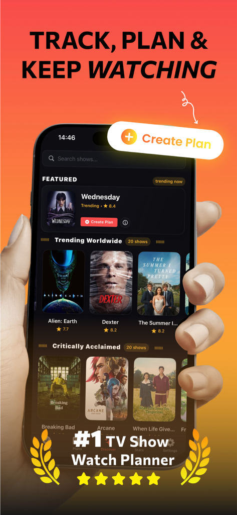 Un smartphone affichant l'interface de l'application Mi Magis TV Time Planner avec des séries tendance et un bouton de création de plan.