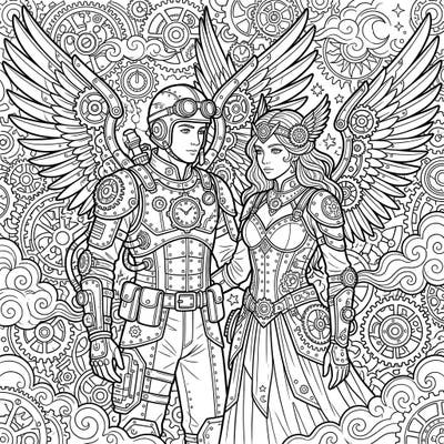 Embark on a unique coloring journey with these magnificent Steampunk Guardian Angels. Their intricate designs and mechanical wings offer a fascinating blend of celestial grace and industrial might.