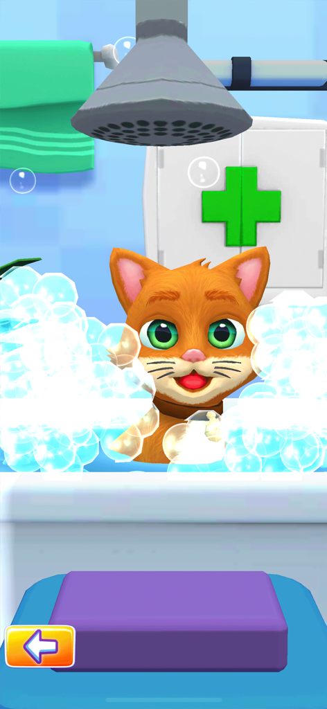 A cute virtual orange cat taking a bubble bath in the Pet Run game