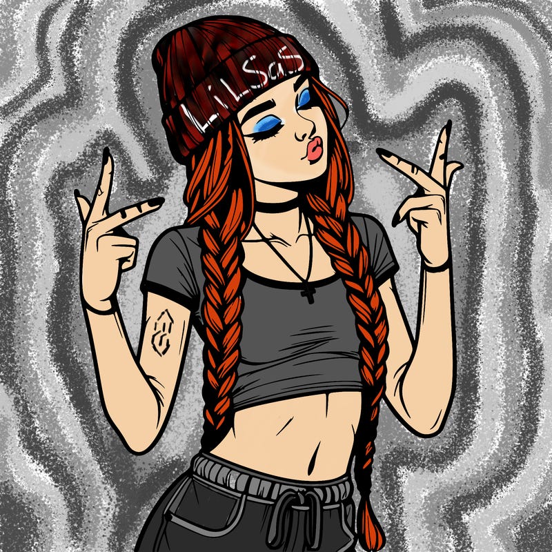 realistic teenage girl with braids and a beanie and crop top doing 🫶🏼