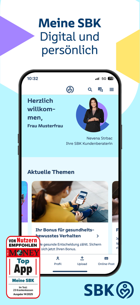 Meine SBK - Home screen of the Meine SBK app showing personalized insurance services and a consultant profile.