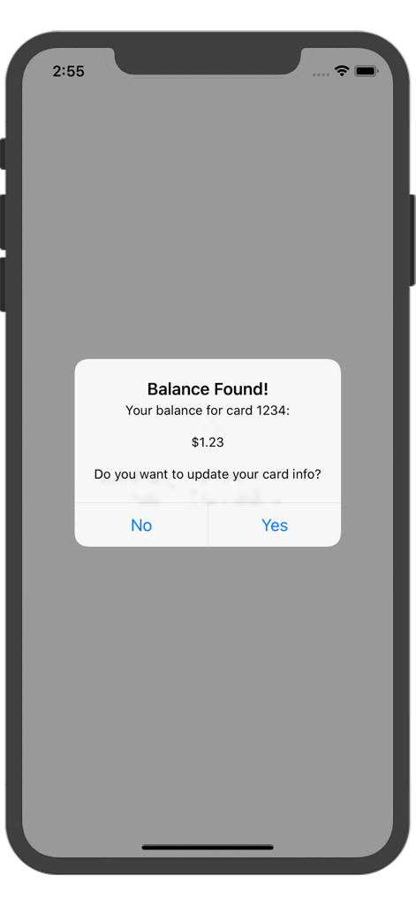 Prepaid Credit Card Balances - Una notificación de aplicación móvil que muestra un saldo de tarjeta prepago de 1.23 dólares