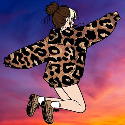 realistic girl jumping with a bun and oversized sweatshirt