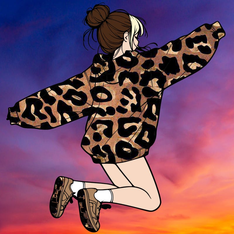 realistic girl jumping with a bun and oversized sweatshirt