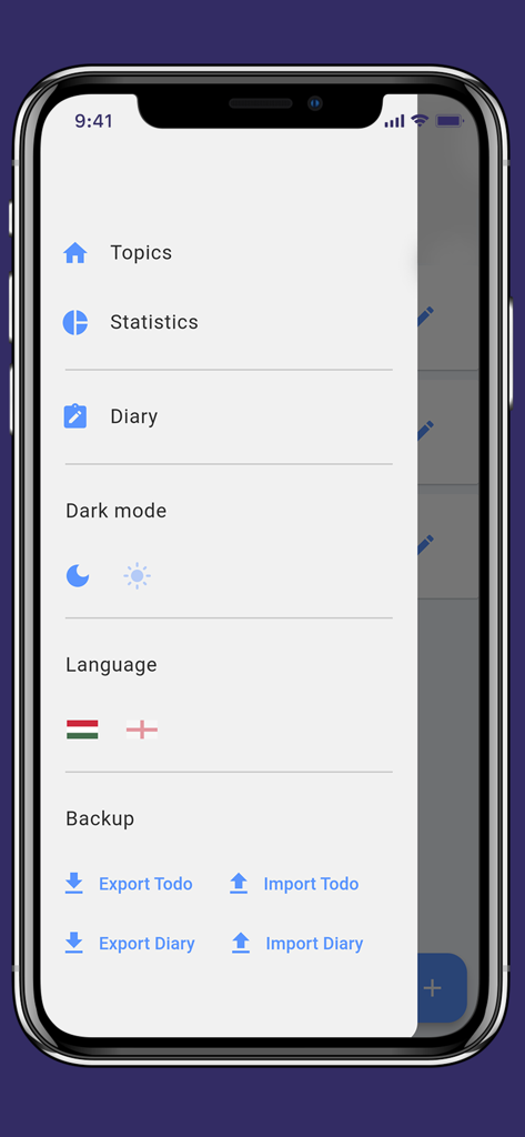 What To Do App - El menú de navegación de la aplicación What To Do que muestra opciones para estadísticas del diario y copia de seguridad de datos