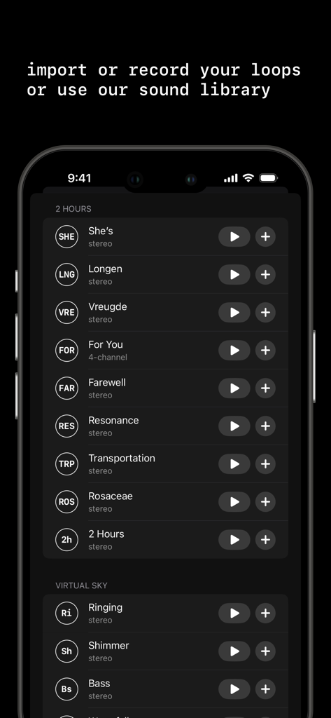 Odio - Spatial Soundscapes - Interfaz de la aplicación Odio mostrando una lista de bucles de sonido ambiental en la biblioteca de sonido con un diseño minimalista oscuro.