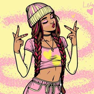 realistic teenage girl with braids and a beanie and crop top doing 🫶🏼