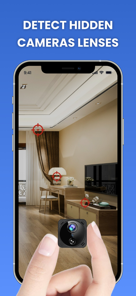 Hidden Camera Detector - Interfaz de smartphone mostrando la aplicación Hidden Camera Detector escaneando una habitación en busca de lentes espía